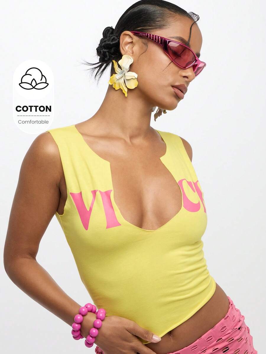 SUMWON WOMEN Sleeveless Tank Top Notch Neck Cotton Blend Summer Festival Youth Style Crop Text Detail Slim Fit Fashion Casual Clubbing Streetwear Dance Party