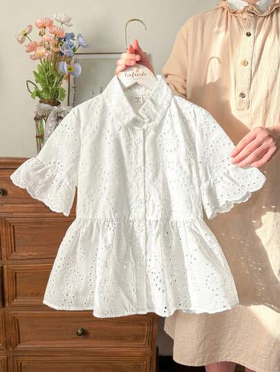 Vintaside Kids Girls' Spring And Summer Collared Short Sleeve Fashionable Hollow Out Versatile Shirt, Suitable For Home Leisure, Outdoor Activities Or Vacations, Providing A Comfortable And Stylish Appearance For Spring And Summer Seasons