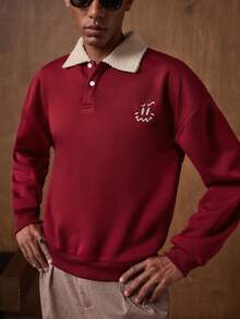 AKNOTIC Men's Date Red Long Sleeve Cartoon Embroidered Casual Polo Shirt Polo Men Sweater Polo Men Men Buttoned Knitted Polo Long Sleeve Polo Men Rugby Shirt Polo - Red - View 5