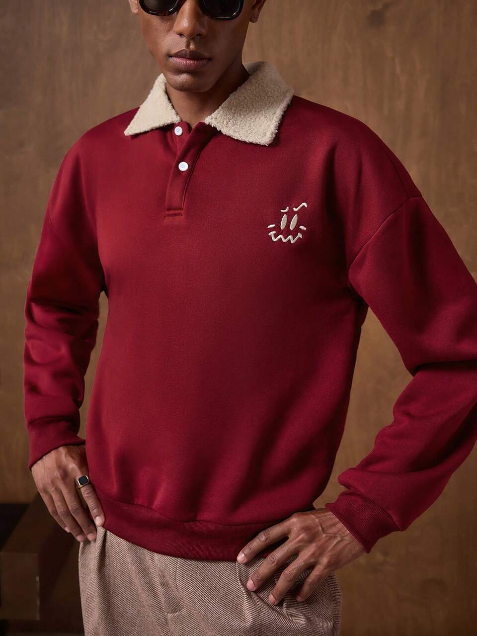 Men's Burgundy Long Sleeve Cartoon Embroidered Knitted Polo Shirt,Casual Autumn Buttoned Rugby Sweater For Graduation,Back-To-School