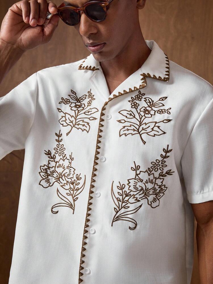 Men's Navy Blue & Brown Floral Embroidered Slim Fit Short Sleeve Polo Shirt, Suitable For Summer, Autumn, Vacation, Casual, Party, Couple, Men's Gift