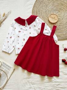 2pcs Baby Girls' Comfortable Casual Red Collar Cute Print Long Sleeve Top And Matching Red Suspender Skirt Dress Set, Versatile Countryside Style, Suitable For Spring/Autumn, Daily Wear, Home, Outdoor, Travel, School