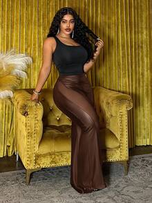 Slaydiva Autumn/Winter New Elegant & Party & Streetwear & Casual & Date & Music Festival & Y2K Sexy Fitted Solid Black Sheer Mesh Patchwork Flare Pants, Plus Size - G - Brown - View 8