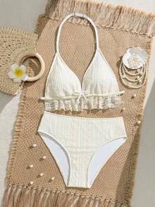 Bộ bikini 2 mảnh cho bé gái tuổi teen, Bộ sưu tập mới năm 2026, Đồ bơi thời trang màu mơ và trắng, thanh lịch, nữ tính, năng động, dễ thương, thích hợp để bơi lội, đi nghỉ, đi biển, đi hồ bơi, chụp ảnh, làm quà tặng - Màu be - Xem 2