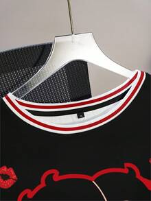 Betty Boop x SHEIN Plus Size Summer Casual Patchwork Striped Trim Cartoon Portrait Graphic Short Sleeve T-Shirt - White - View 5