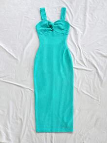 Soleia 女士休闲纯色纹理面料扭结前襟修身连衣裙，适合夏季度假 - 淺綠色 - 查看 6