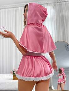 Fantasy Costume 两件套万圣节小红帽女巫服装，包括蕾丝边缎面披肩和带交叉肩带及荷叶边下摆的连衣裙，迷人甜美。 - 粉色 - 查看 2