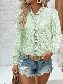 Elenzga Elegant Daily V-Neck Ruffle Puff Sleeve Textured Women Blouse - Olive Green - View 1