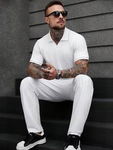 Manfinity CasualCool 男士短袖纹理面料 Polo 衫和裤子套装，适合居家、派对穿着，夏季运动套装，白色两件套，男士针织套装，男士套装，男士夏季运动服，男士白色两件套裤子套装，复古风格，日常休闲，周末旅行，户外活动，探险旅行，轻松的工作环境或半正式场合，男友/丈夫礼物，周年纪念/生日礼物，派对，暑假，新年，婚礼，情人节 - 白色 - 查看 5