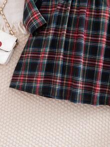 SHEIN Young Girls' French Elegant Plaid Patchwork Woven Fitted Long Sleeve Dress, Autumn/Winter,Christmas - Black - View 6