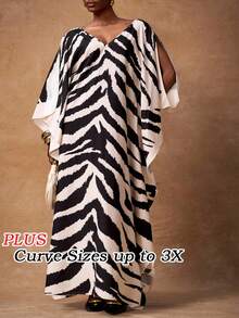 Veslaya 春夏新品，优雅度假、生日派对、宴会、返校、学院风、日常休闲、邮轮旅行、爆款、街头风、通勤、商务休闲、约会、聚会V领七分袖连衣裙，袖口开衩，大码版型，蝙蝠袖，黑米色斑马纹大码长裙，大码罩衫，动物纹大码，曲线大码上衣 - 彩色 - 查看 10