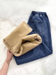 SHEIN 少女抽绳腰带口袋保暖内衬休闲百搭阔腿牛仔裤，冬季