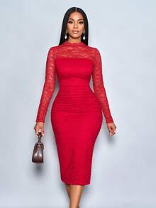 SOLERSUN 性感优雅简约花卉印花春秋女装 - 紅色 - 查看 4