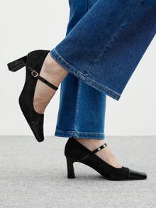 CUCCOO BIZCHIC 女士方头搭扣设计时尚日常百搭高跟鞋 - 黑色 - 查看 4