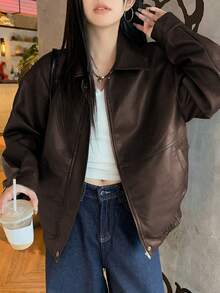 DAZY 女士时尚百搭休闲夹克，秋季皮夹克