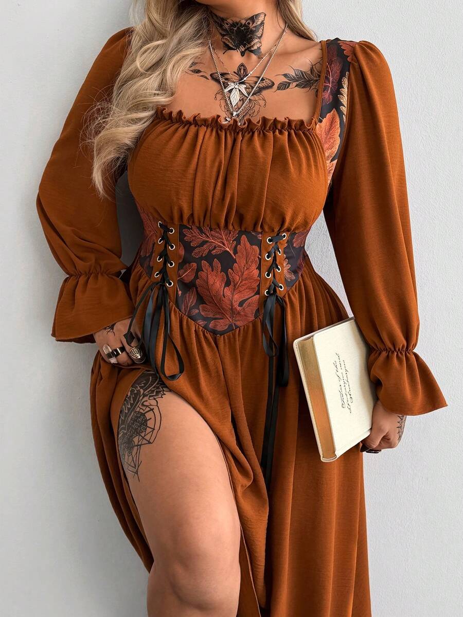 Whyspr Plus Size Square Neck Tie Waist Puff Sleeve Fashion Dress - Multicolor - View 1