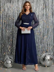 Ellevyn Plus Size Women's Sequin Mesh Patchwork Long Sleeve Waist Rhinestone Decor Elegant Jumpsuit - Navy Blue - View 5