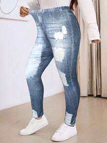 SHEIN PETITE CURVE Plus Size Casual Retro Loose Denim Print Pattern Leggings, Suitable For Autumn/Winter - Blue - View 5