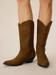 Styleloop 女士尖头时尚百搭粗跟中筒靴 - 軍綠色 - 查看 3