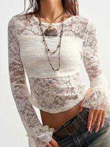 Bohemela 波西米亚风冬季圣诞节新年情人节派对休闲针织蕾丝衬衫圆领喇叭长袖女式上衣 - 杏色 - 查看 6