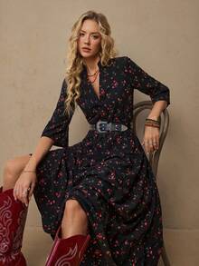 Freevana 女士度假黑色碎花衬衫裙，宽松七分袖连衣裙，休闲秋冬连衣裙