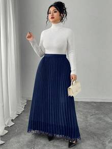 Modelyn 大码女式褶皱蕾丝拼接优雅百搭通勤裙 - 藍色 - 查看 6