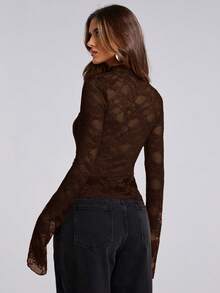 SHEIN BAE Women's Fashionable Sexy Stand Collar Lace Patchwork Sheer Chest Hollow Out Fitted Long Sleeve Top, Spring/Autumn - Coffee Brown - View 2