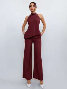 Aloruh Women's Minimalist Backless Halter Top And Long Pants Set, Suitable For Commuting, Summer - Burgundy - View 5