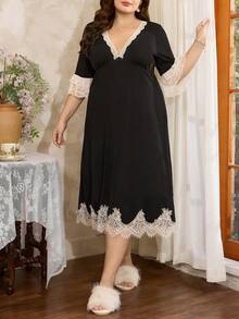 Côtesoire Váy ngủ rộng rãi, thoải mái, cổ chữ V, hai lớp, dáng rộng, cỡ lớn, màu sắc tương phản lãng mạn kiểu Pháp, viền ren xếp nếp phóng đại, ren quyến rũ, chắp vá - màu đen - Xem 3
