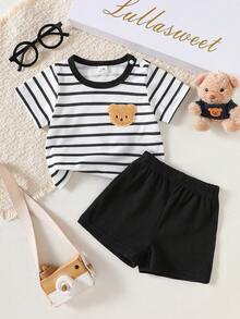 SHEIN 新生儿短袖套装，黑白条纹男婴T恤两件套，婴儿小熊刺绣夏季新品 - 黑色 - 查看 3