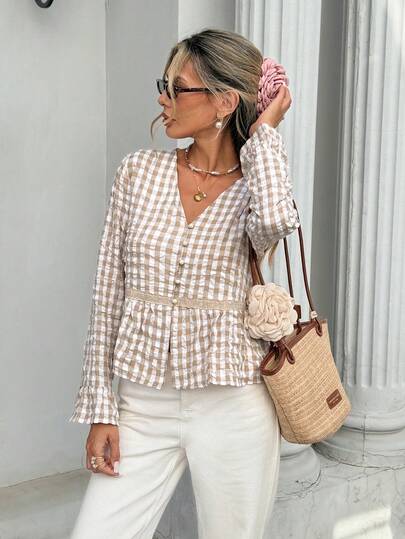 Serisse 女士格子休闲宽松V领长袖衬衫