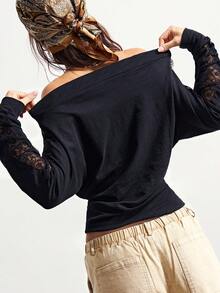 Bohemela 女士休闲纯色针织撞色蕾丝边露肩长袖T恤 - 黑色 - 查看 7