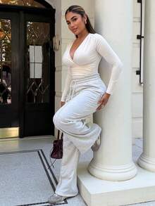 Maria Perezxox 實色束口腰寬腿運動長褲 - 淺灰色 - 查看 1