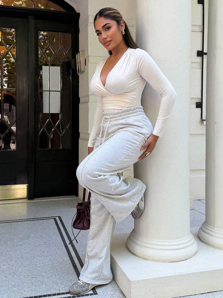 Maria Perezxox 實色束口腰寬腿運動長褲 - 淺灰色 - 查看 1