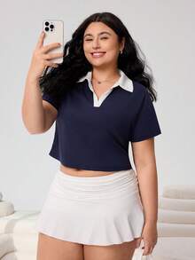 SHEIN EZwear 大码撞色领短款 T 恤，夏季 - 藏蓝色 - 查看 5