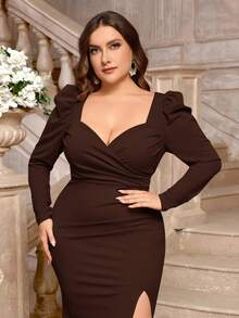 SHEIN Belle Váy phù dâu thanh lịch tay lỡ vải thun caramen cỡ lớn xẻ tà cao - Cà phê nâu - Xem 6