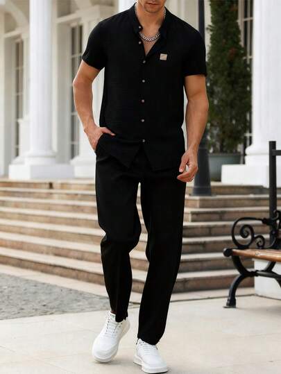 Manfinity Homme Men's Single-Breasted Collar Short Sleeve Shirt And Drawstring Waist Long Pants Casual Commuter Suit Men Black Two Piece Set Men Pants Sets Casual Outfits Men Black Outfit Men Shirt Co Ords Black Vacation Outfit Men Black Linen Pants Men Old Money,Daily Leisure, Weekend Trips, Outdoor Activities, Travel Expeditions, Relaxed Work Environments Or Semi-Formal Occasions, Boyfriend/Husband Gift, Anniversary /Birthday Gift Party Christmas New Years Wedding