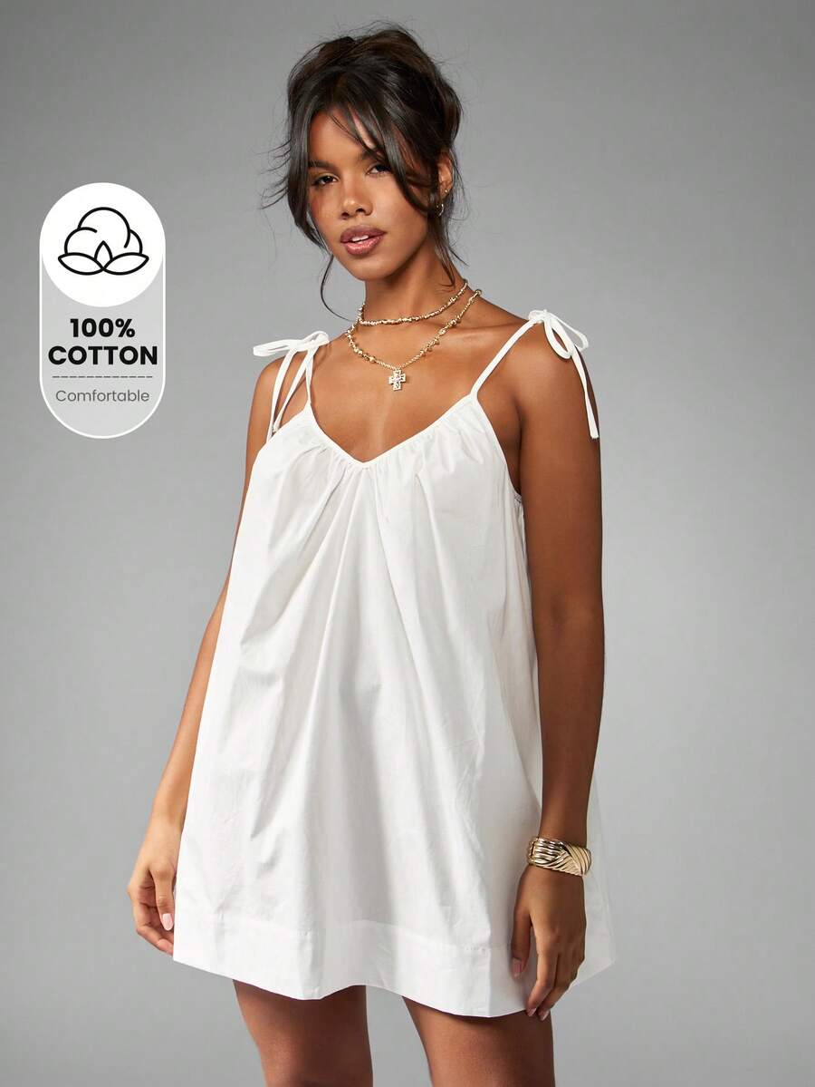 MISSGUIDED Smock Mini Dress Summer Tie Shoulder Loose Flowy Beach Vacation Resort Cotton Shift Sundress Spring Festival Boho Holiday Loungewear - White - View 1