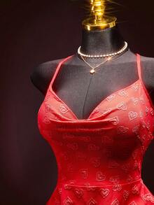SHEIN ICON 女士性感时尚心形提花垂褶领吊带迷你连衣裙 - 紅色 - 查看 7