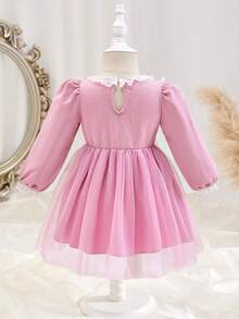 SHEIN Baby Girl Vintage Sweet Mesh Princess Dress,Elegant Dusty Pink,Autumn Birthday Party Outfit With Double Lace Collar,Lantern Sleeves & Mesh Skirt - Pink - View 4
