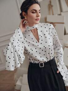 Anewsta Women's Elegant Polka Dot V-Neck Loose Ruffle Trim Long Sleeve Blouse, Fashion Spring/Autumn - Black and White - View 5
