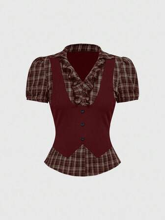 Vintage Gothic kariertes Patchwork 2 in 1 Damen Hemd Bluse, Outfit für den Schulanfang