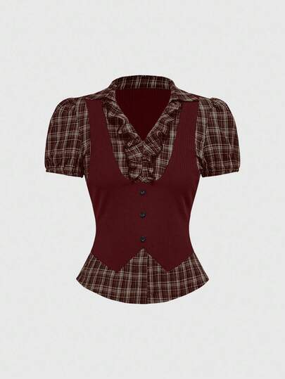 Goth Camicia/blusa da donna in stile vintage gotico, con patchwork a quadri, 2 in 1, outfit adatto per il ritorno a scuola