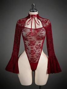 SHEIN ICON Lace Sheer Square Neck Criss-Cross Tie Flare Sleeve Women Bodysuit - Burgundy - View 3