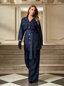 Selenza 女士翻领落肩长袖单排扣多口袋休闲牛仔连衣裙 - 藍色 - 查看 6