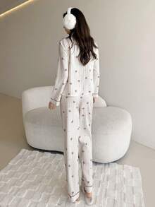 Aloruh Conjunto de pijama con top de manga larga con cuello de solapa y estampado de lazo, y pantalones, ropa de otoño e invierno - Burdeos - Ver 4