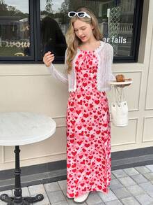 Teen Girl Solid Color Long Sleeve Mesh Jacket And Heart Print Camisole Dress Set - Multicolor - View 6