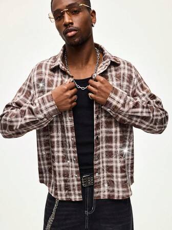 Street Life Men's Casual Fashionable Street Plaid Print Rhinestone Overcoat, Suitable For Daily Commute, Autumn