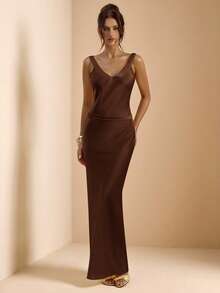 SHEIN BAE Butter Yellow Backless Tie Strap Fitted Satin Mermaid Dress, Elegant Formal Gown For Brunch, Bridesmaid, Party, Cocktail, Wedding, Birthday