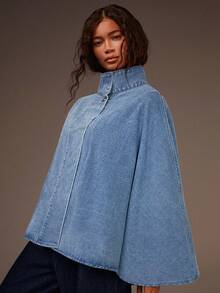 Athîral Women's Casual Fashion High Collar Loose Denim Cape Jacket, Autumn/Winter - Baby Blue - View 2